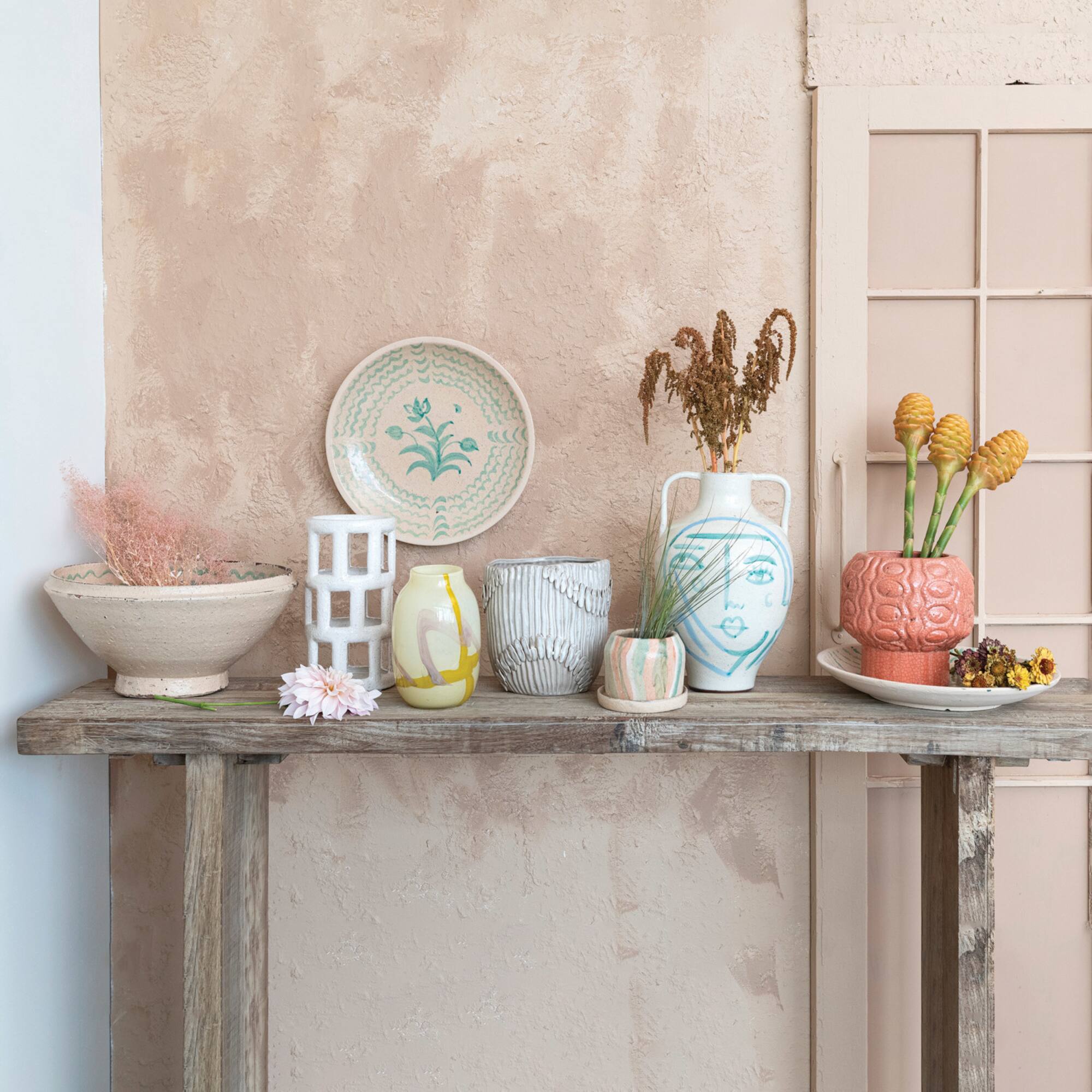Hello Honey® 9" Coral Crackle Glaze Embossed Terra Cotta Footed Vase Planter